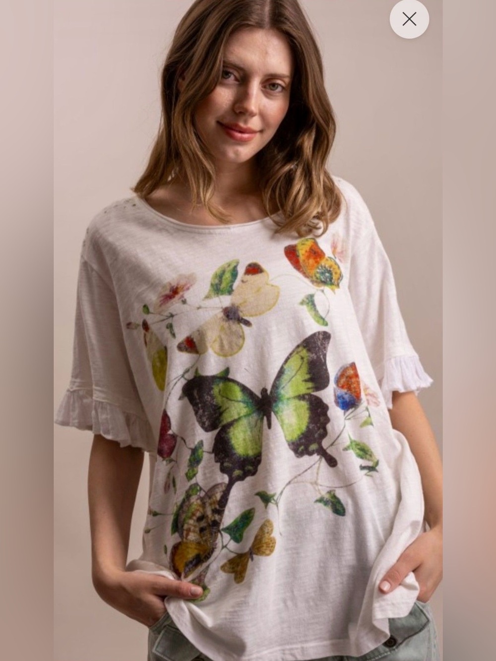NWT White Floral Butterfly Ruffle-Sleeve Tee-S